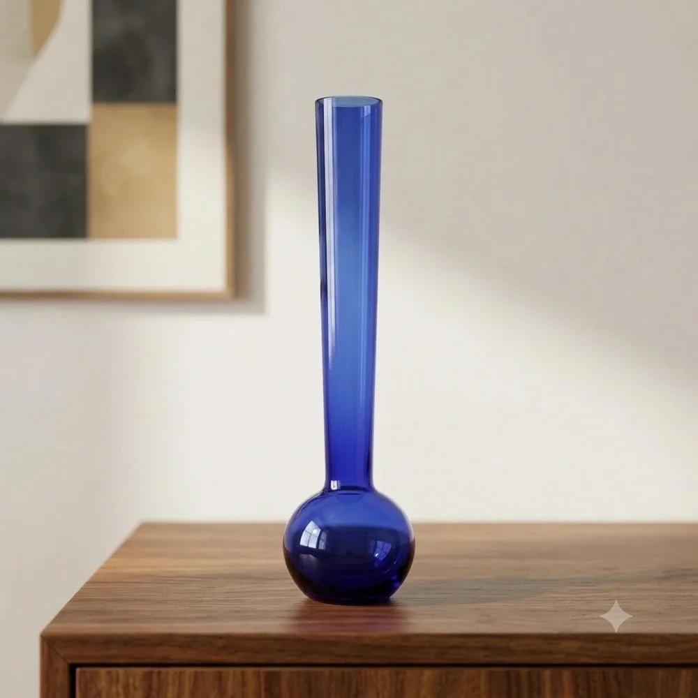 Vintage Hand Blown Cobalt Blue Art Glass Bud Vase Orb Ball Base Studio Glass